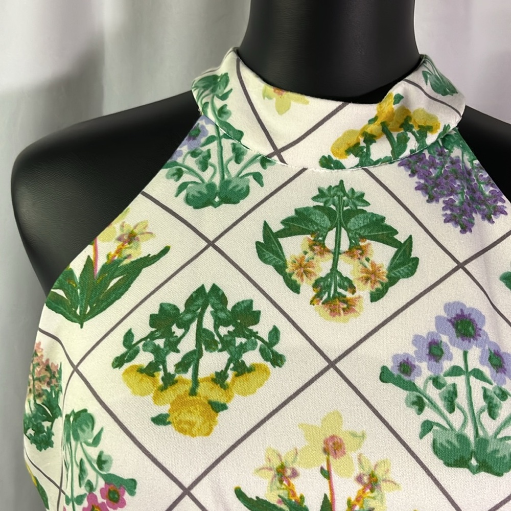NWT Melonie T Floral Lattice Print Sleeveless High Neck Ruffle Hem Dress - Picture 5 of 16
